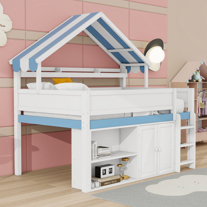Lit mezzanine double avec toit, armoire, tablettes et garde-corps, Bleu