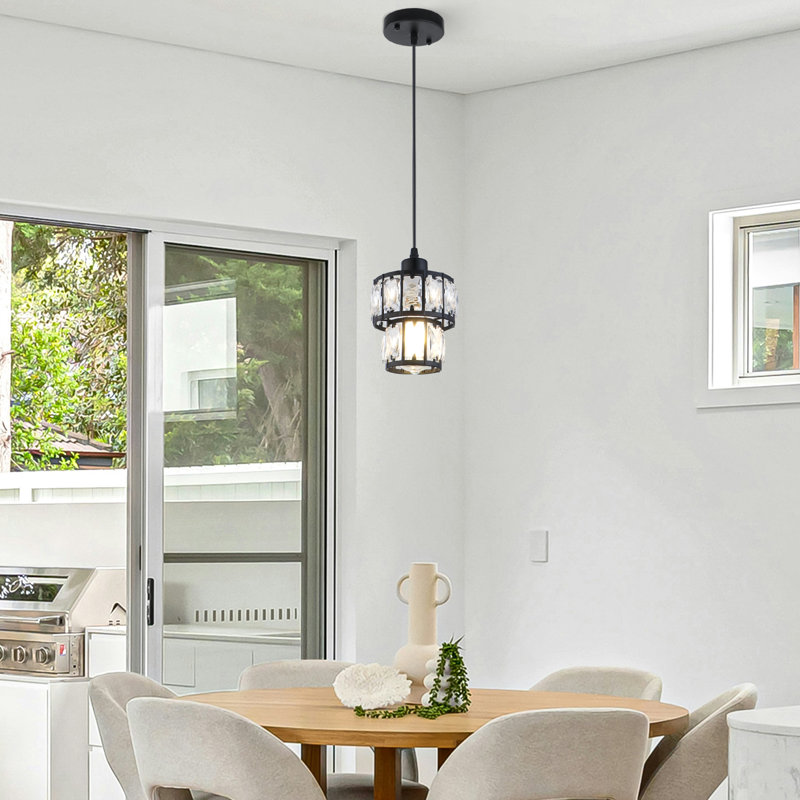 Levona 1-Light Crystal Drum Modern Pendant Light, Matte Black