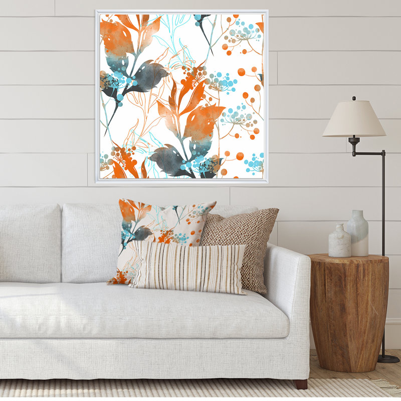 Boho orange et feuilles bleues - reproduction d'art sur toile traditionnelle, H 30 po x l 30 po x P 1 po