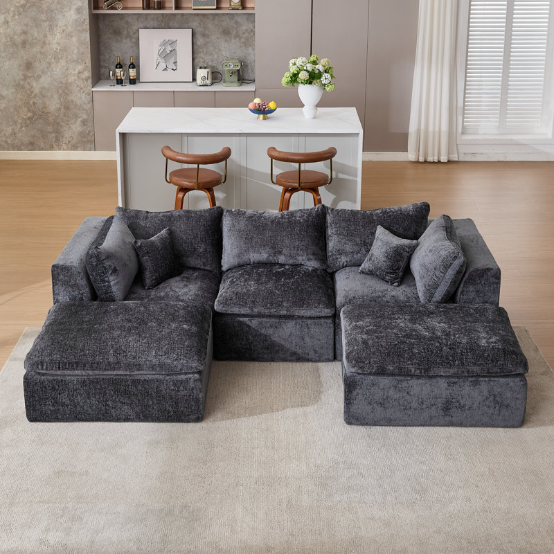 Canapé modulaire rembourré et désossé 6 pièces 6 pièces, Gris chenille, H 25,6 po x l 113 po x P 70,9 po