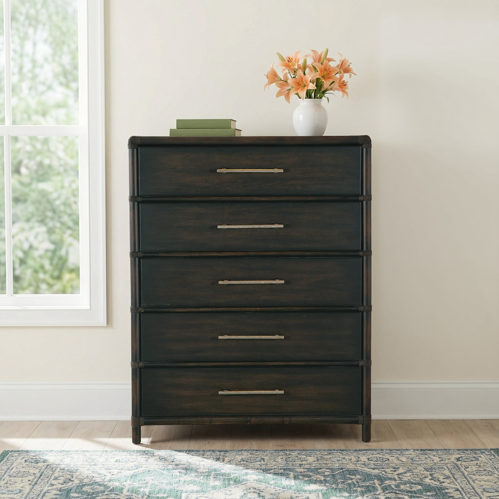 Bellmont 5 - Drawer Dresser, Dark Wood/Black Sand
