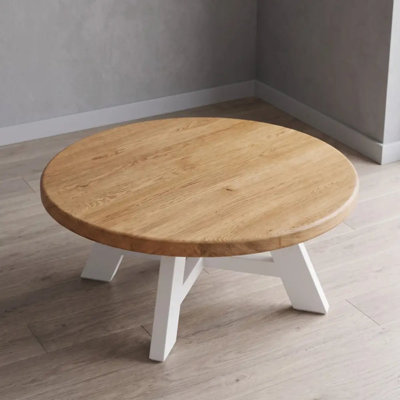 Amber Solid Oak Wood Round Coffee Table - Handcrafted Farmhouse Coffee Table with White Solid Wood Base