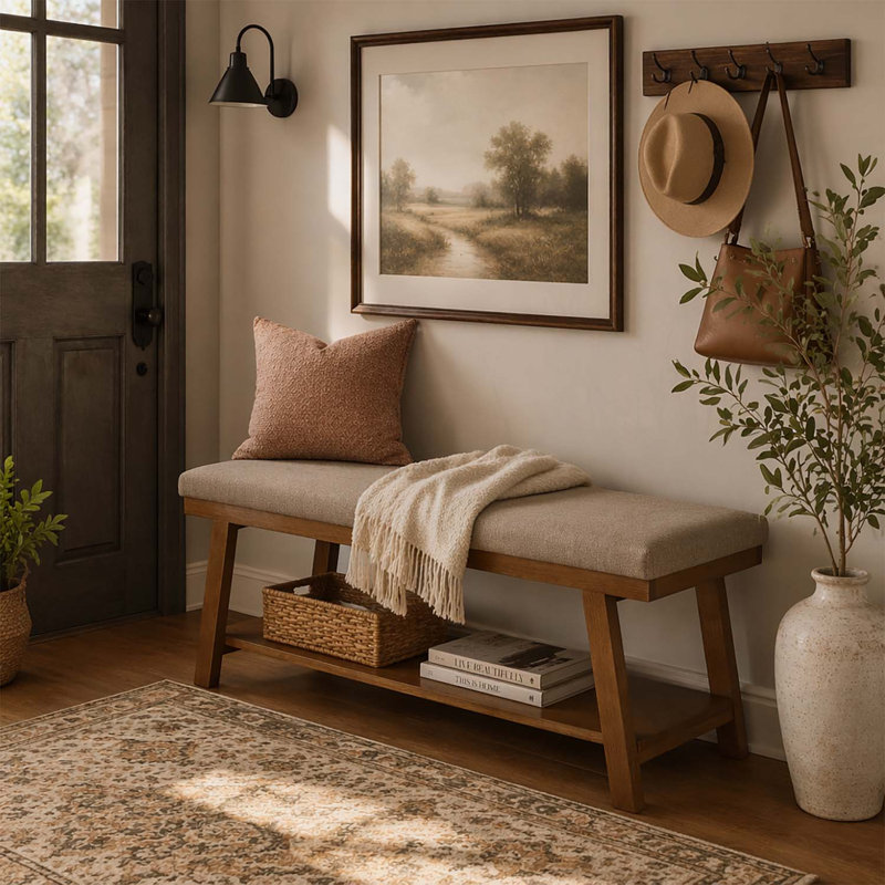 Banc rembourré avec tablette de rangement, Linen+Brown