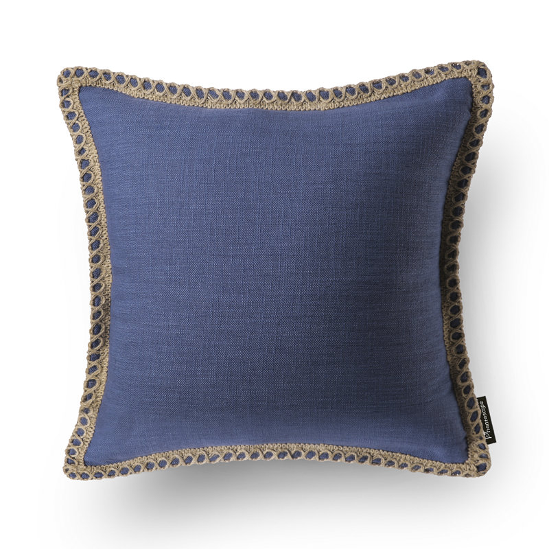 Coussin décoratif carré en mélange de lin 18 po avec garniture décorative en jute et insert, Carré 18 po, Bleu