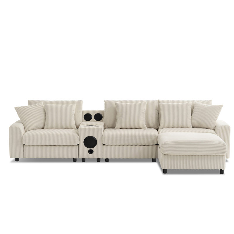 [VIDEO]112*64'' Corduroy Sectional Sofa With Bluetooth Speakers,L-Shaped Couch With Console,USB Charger,Cup Holders,Storage,Ottoman,Deep And Wide Seat Cloud Sofa For Living Room&Apartment,2 Colors