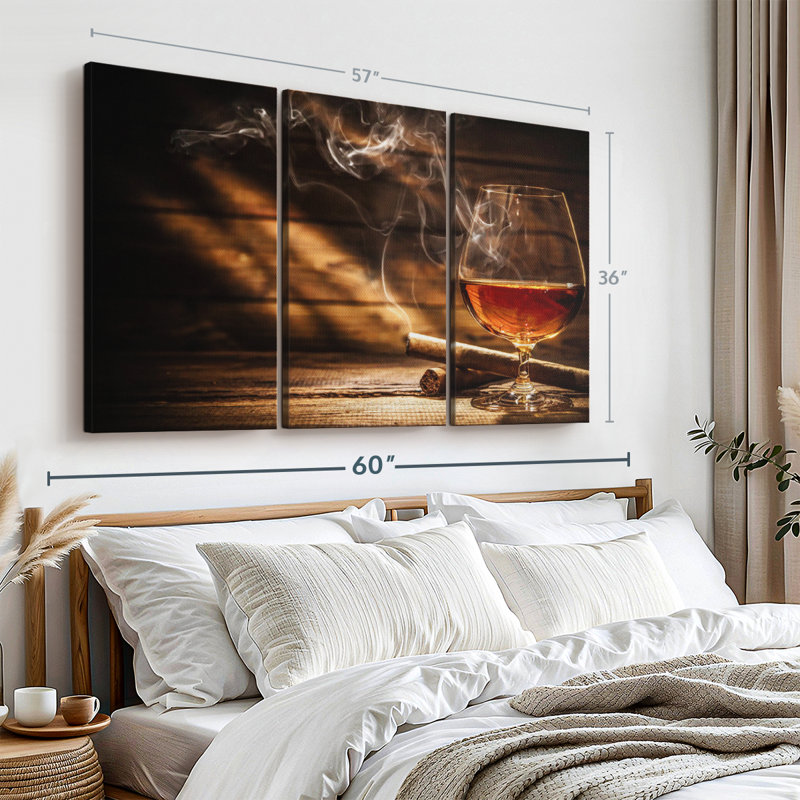 "Cigare rustique et whisky" sur toile, H 36 po x l 57 po x P 1,25 po