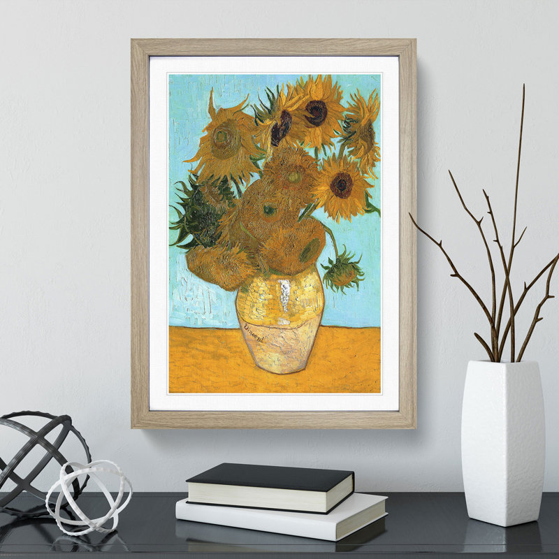 Twelve Sunflowers by Vincent Van Gogh - Picture Frame Painting, 65cm H x 48cm W x 2cm D, Oak