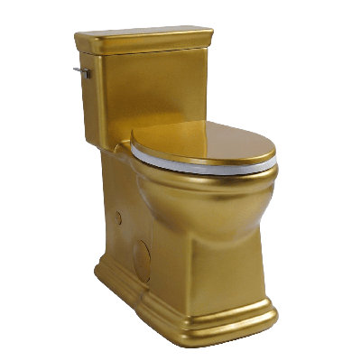 Los Flexi Satin Gold Finish Tall Toilet, 19 Inch High One-Piece Toilet, Comfort Elongated Bowl, 1.28 GPF Rimless Swirl Flush, Retro Style & Full Skirted, Metallic Gold Tone, 12" Rough-In
