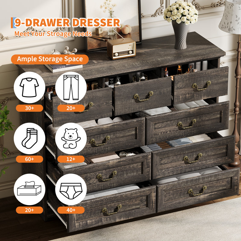 9-Drawer Dresser for Bedroom, 47" Wide Dressers Wood Vintage Chest of Drawers with Natural Texture and Vintage Gold Floral Handles