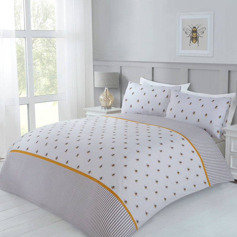 Honey Bee Grey Super Soft Polyester Duvet Set, King Size Bed (240 x 220 cm)