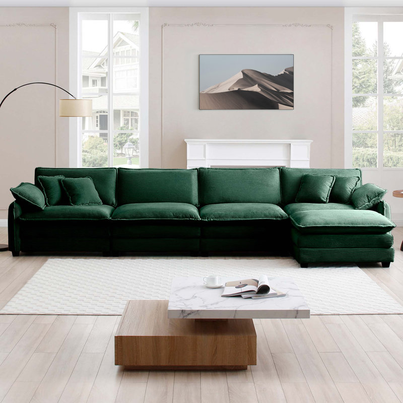 Kaoruko Corduroy Sofa Modern Upholstered 4 Seater With With 1 Footstool Corduroy Fabric Sofa , Office Living Room Apartment Comfort Sofa, Easy To Assemble With 2 Arm Pillows And 4 Throw Pillows