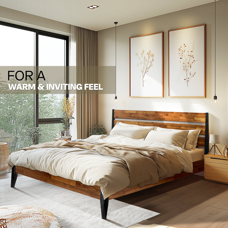 Base de lit plateforme en bois massif Acacia Premium Emery avec tête de lit incluse, aucun sommier requis, capacité de poids de 800 lb.