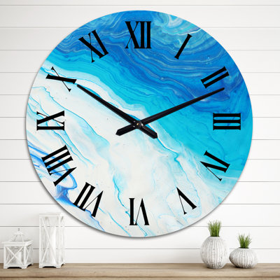 Blue and White Liquid Art Waves I - Modern Wall Clock