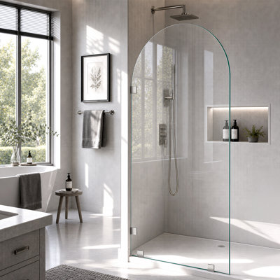 32" W x 80" H Shower Screen Fixed, Shower Glass Panel Arched with 3/8” Tempered Clear Glass, Frameless Single Glass Panel, Walk in Shower Door, Brushed Nickel