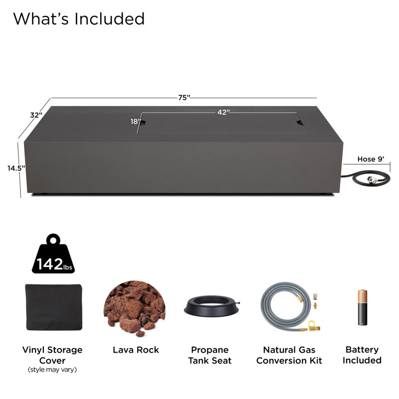 Aegean 75" Asymmetrical Rectangle Steel Propane or Natural Gas Fire Pit Table in Black by Real Flame, Slate