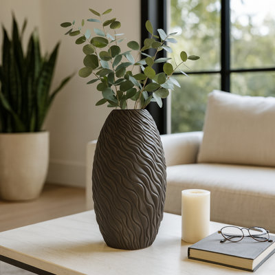 Sculptural Textured Ceramic Table Vase for Living Room - Decorative Tall Flower Vase for Tabletops, Entryway, or Home Decor - Brown