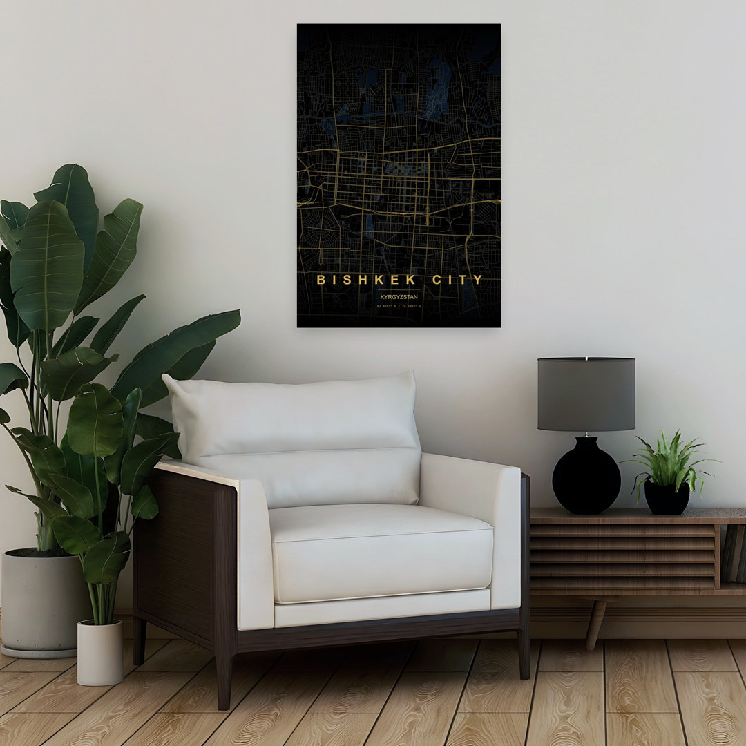 Golden Bishkek City Map Abstract Geometric Modern City Wall Art Print