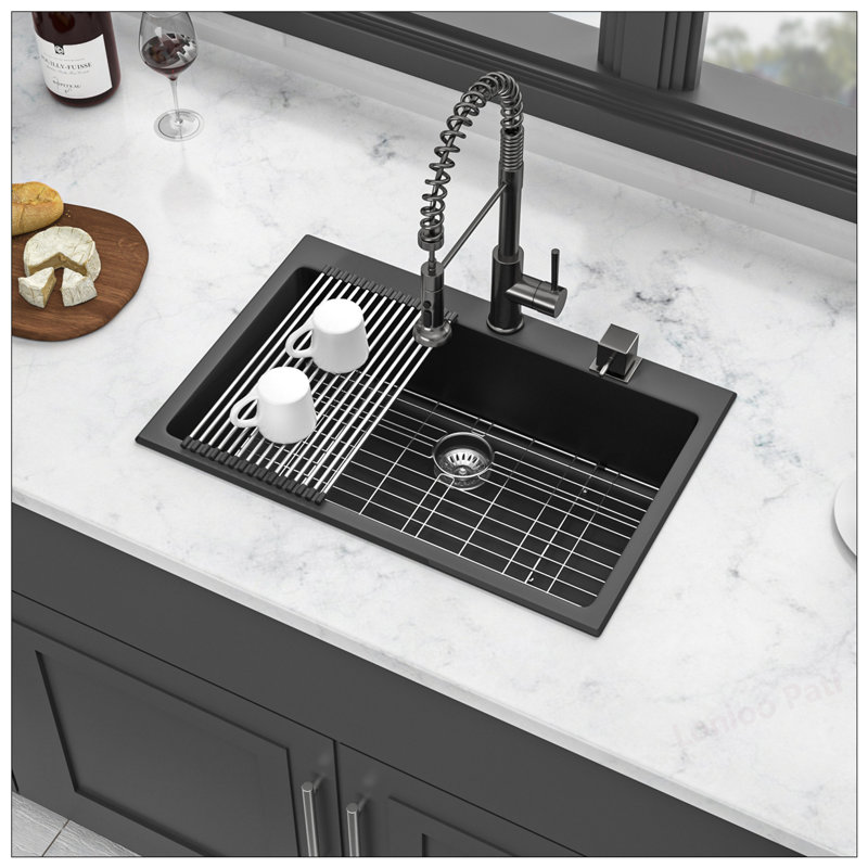 Durable Black Granite Composite Drop-in Kitchen Sink with Noise Reduction and Easy Clean Surfaces, 33x22 Inch