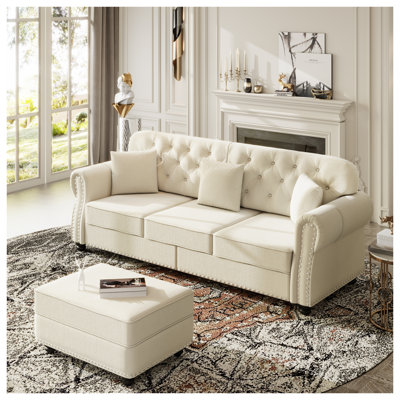 82.6" Mid-Century Modern Chesterfield Sofa with Rolled Arms, Button Tufted Velvet Couch with Nailhead Trim & Pillows for Living Room