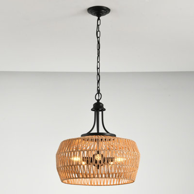18.8" 5-Light Boho Rattan Chandelier, Adjustable Farmhouse Pendant Light with Woven Shade for Dinning Room