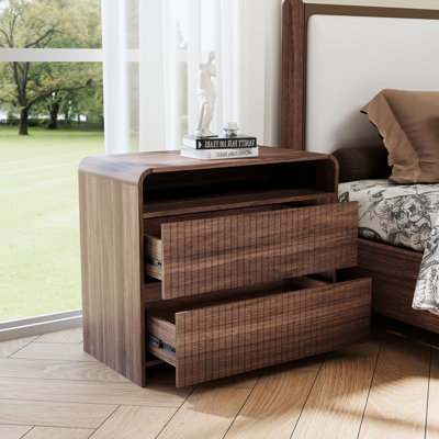 Ridge 30.71'' Fluted 2-Drawer Nightstand with Open Storage Shelf, 3D Embossed Bedside Table Rounded Corners for Bedroom Living Room