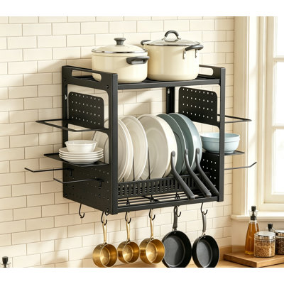 Rangement mural pour casseroles et poêles à 2 niveaux avec 10 crochets pour batterie de cuisine et ustensiles, noir