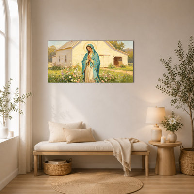 Large Virgin Mary Canvas Wall Art – Christian Religious Picture Artwork, Prayerful Religious Catholic Artwork Painting for Catholic Home Decor, Prayer Room Embellishment, Wrapped Canvas with Pine Frame, 28×58 Inches
