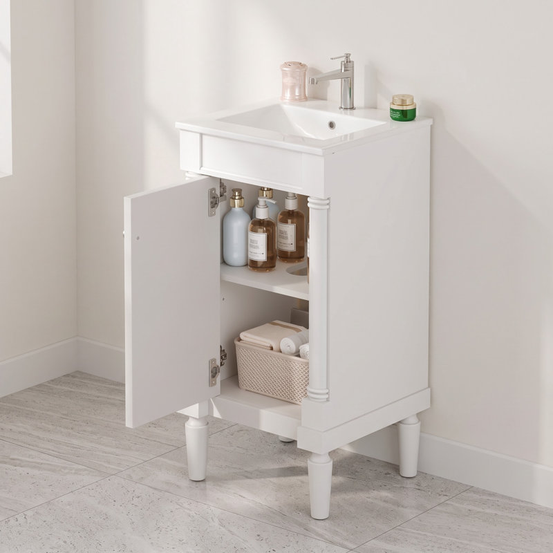 Meuble-lavabo de 18 po de style français avec lavabo en céramique, tablette réglable et charnières à fermeture en douceur - Armoire de rangement compacte pour petites salles de bain et salles d'eau