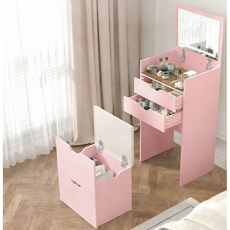 Dressing Table and Stool, 3-in-1 Multifunctional Dressing Table Set, Featuring Three-color Lighting Modes, HD Mirror, Two Sliding Drawers, and a Hidden Storage Stool