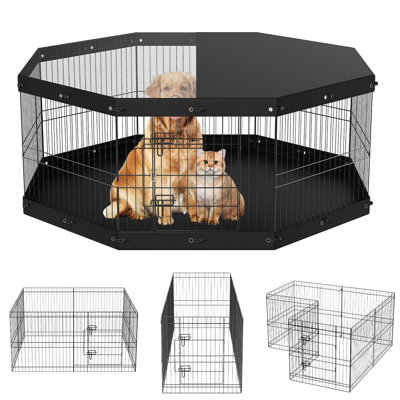 Foldable 24" Metal Pet Playpen With 8 Panels, 600d Fabric Top Cover, Protects Pets From Sun In Yard - Panel Height, Customizable Enclosure, And For Indoor Outdoor Use