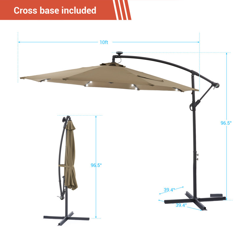 Parasol de marché en porte-à-faux solaire de 10 pi à DEL avec ajustement facile, tissu teint dans la masse, 8 nervures pour la cour arrière, près de la piscine