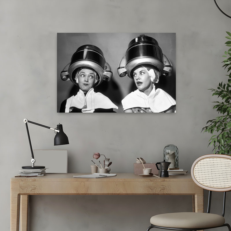 1950S Two Women Sitting Together Gossiping Under Hairdresser Hair Dryer Contemporary Art, 16" H x 24" W