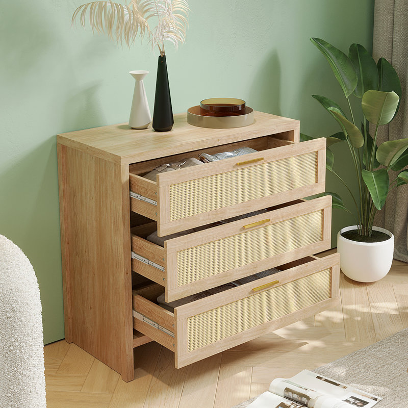 31.5" W  Rattan Drawers Dresser, Chest of 3 Drawers, Natural Wood Color, for Bedroom, Hallway, Living Room