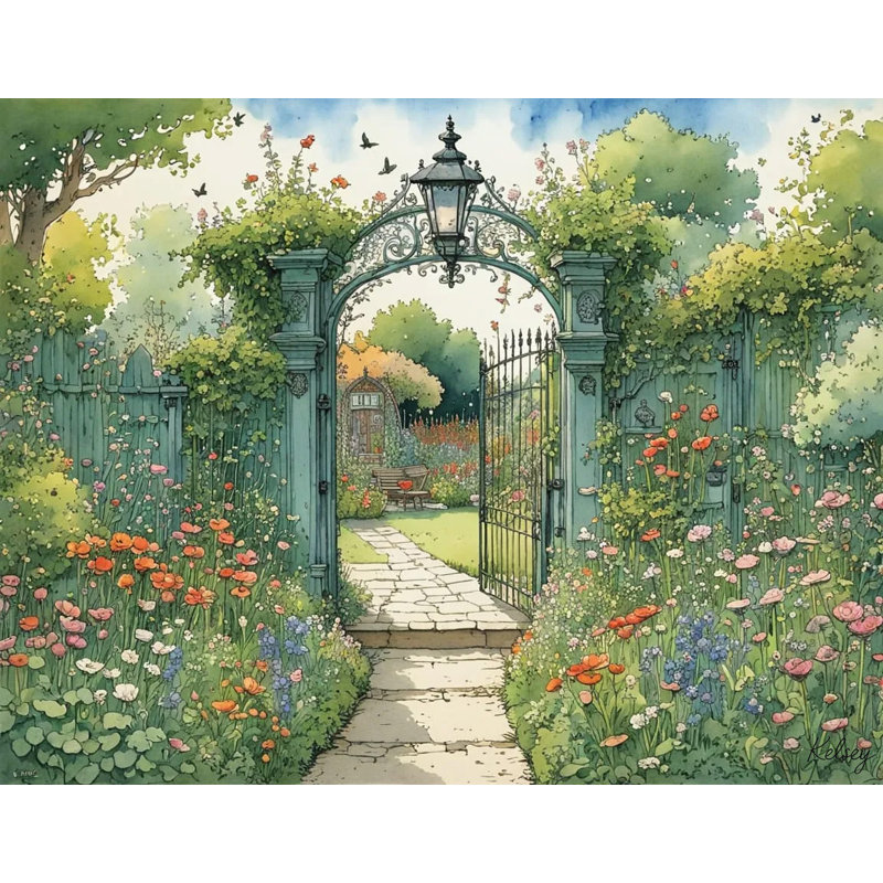 Secret Garden Gate Floral - Art mural sur toile tendue, H 16 po x l 20 po
