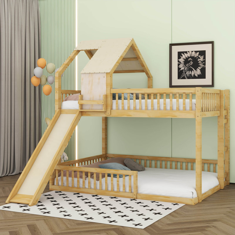 Structure de lit superposé en bois avec glissoire et échelle intégrée pour enfants, adolescents et jeunes, Naturel