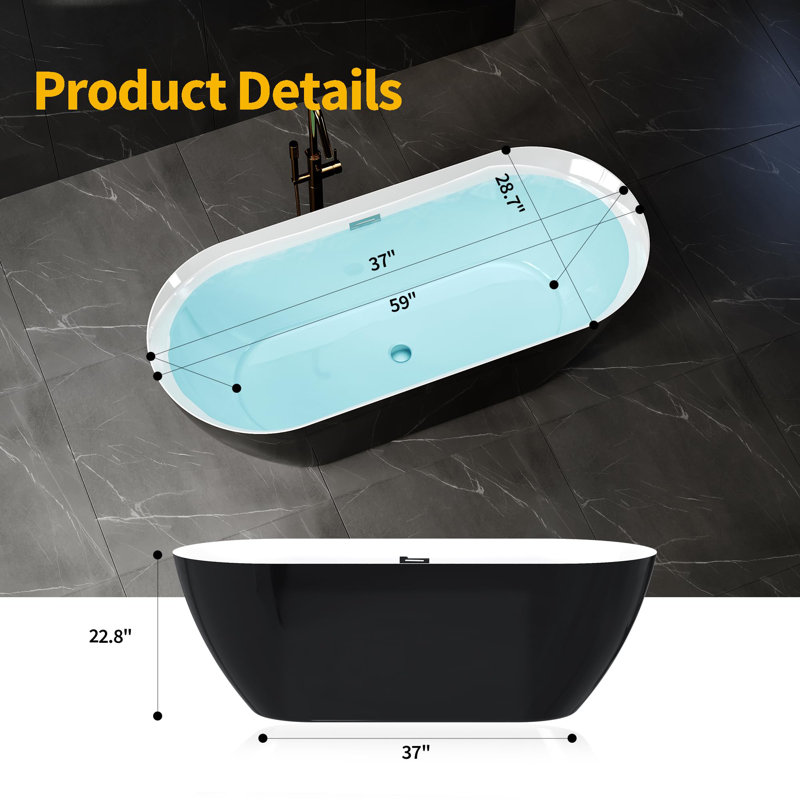 Baignoire autoportante de 59 pouces, baignoire profonde en acrylique, trop-plein et drain chromés, baignoire autoportante antidérapante pour salle de bain, baignoire moderne ergonomique pour salle de bain