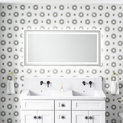 Miroir de meuble-lavabo mural 60 po x 28 po en aluminium avec éclairage DEL, 3 températures de couleur, brouillard, gradation continue et mémoire de luminosité - miroir en frêne, avant et rétroéclairé, gradation,