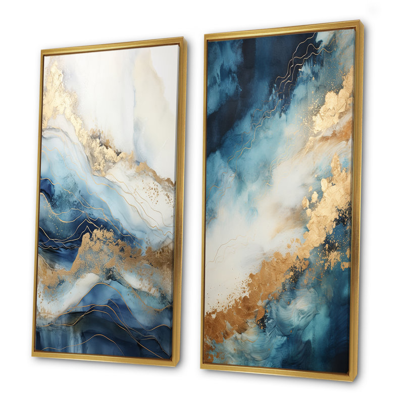 Ensemble de salon art mural blanc et bleu Goldern, H 40 po x l 41 po, Cadre flottant doré
