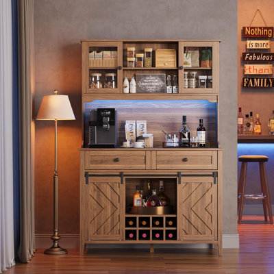 Bar 72 po avec porte de grange coulissante, grand buffet de cuisine avec huche à vin avec 2 tiroirs, 8 tablettes de rangement, bar à café rustique