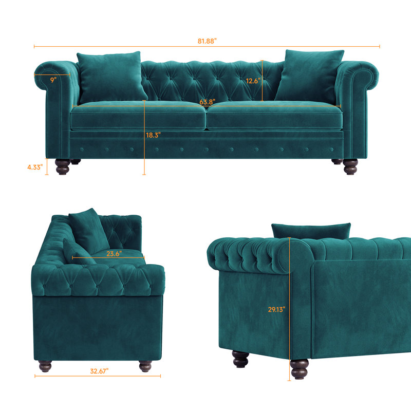 Diba 81.88'' Chesterfield Sofa, Velvet Couch with Rolled Arms, Green