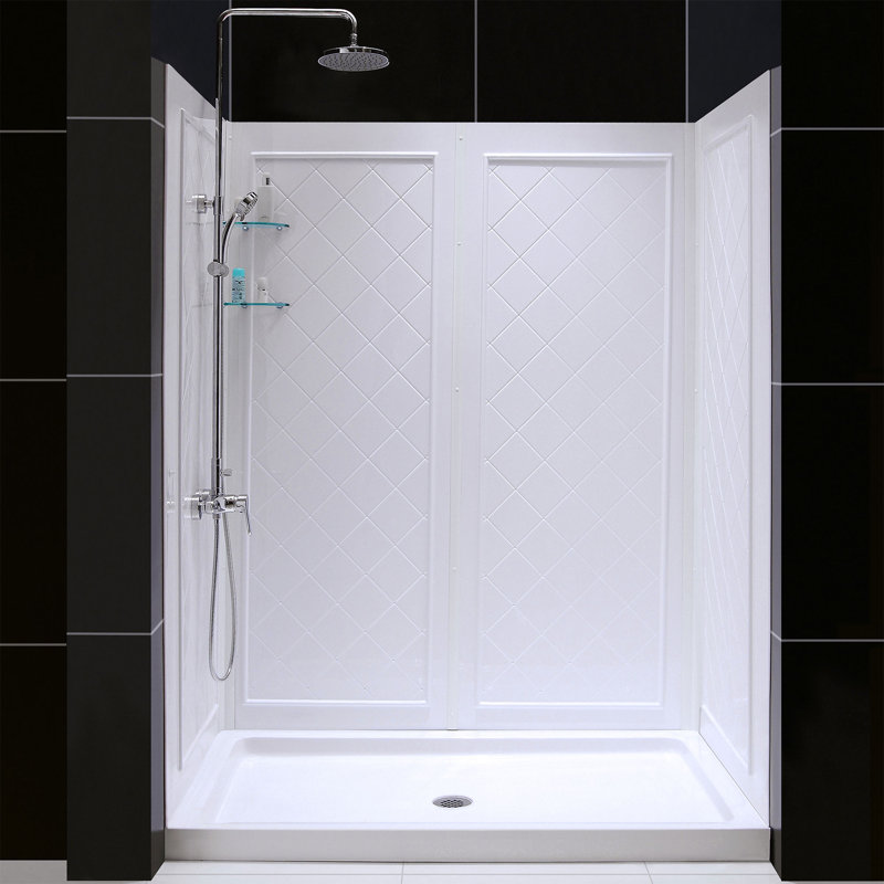 Qwall 32" D x 60" W x 76 3/4" H Left Drain Acrylic Shower Base and Wall Kit in White, Center