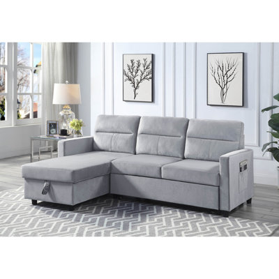 81.5" Light Grey Velvet Reversible Sleeper Sectional Sofa With Storage Chaise And Side Pocket