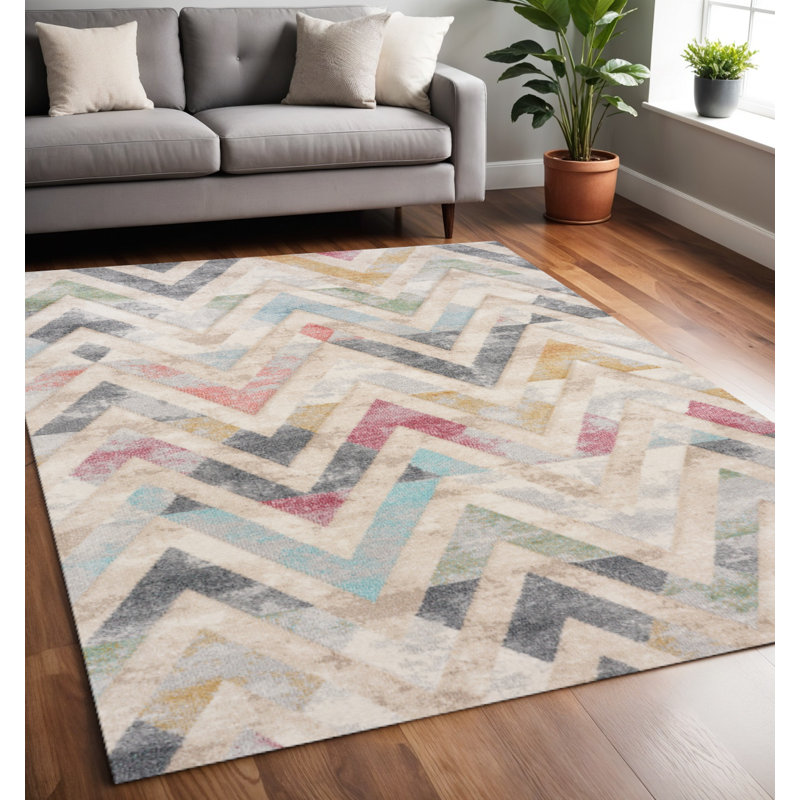 Tapis crème à chevrons bleu et rose 5 pi x 8 pi