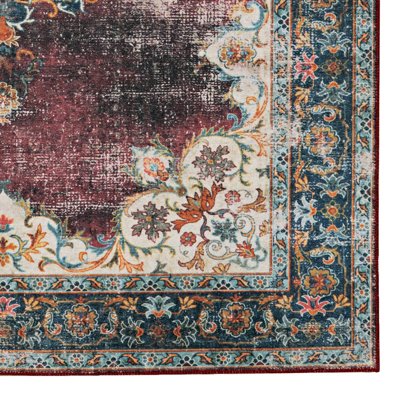 Ducote Washable Ivory and Burgundy Machine Woven Area Rug, Runner 2' x 8'