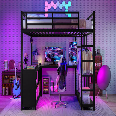 Metal Material Loft Bed Frame With Built-In Wardrobe Storage And With L-Shaped Desk Attachment, Queen Size Loft Bed Frame With Storage Function Cubes