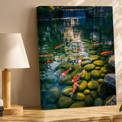 Canvas A Serene Pond Scene Featuring A Crystal Clear Body Of Wall Art Water Reflecting Sunlight With Vibrant Koi Fish Swimming Canvas Wall Art