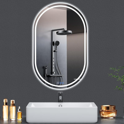Miroir de salle de bain ovale à DEL 20 po x 28 po - Miroir de courtoisie lumineux sans cadre, rétroéclairage avant et arrière, antibuée, intensité variable, IP65