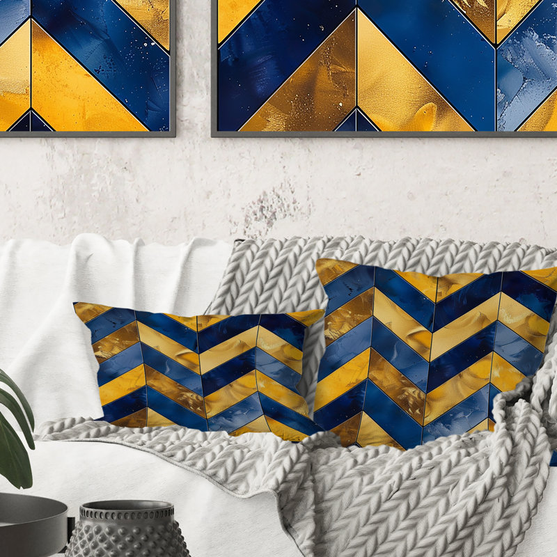 Coussin lombaire à imprimé chevron bleu et doré III