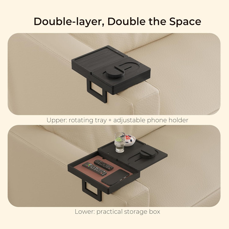 Plateau d'accoudoirs noir avec 2 plateaux rotatifs, table à pinces réglable avec boîte de rangement et support pour téléphone à 360 °, table d'accoudoirs en bambou pour les collations, les boissons ou les repas
