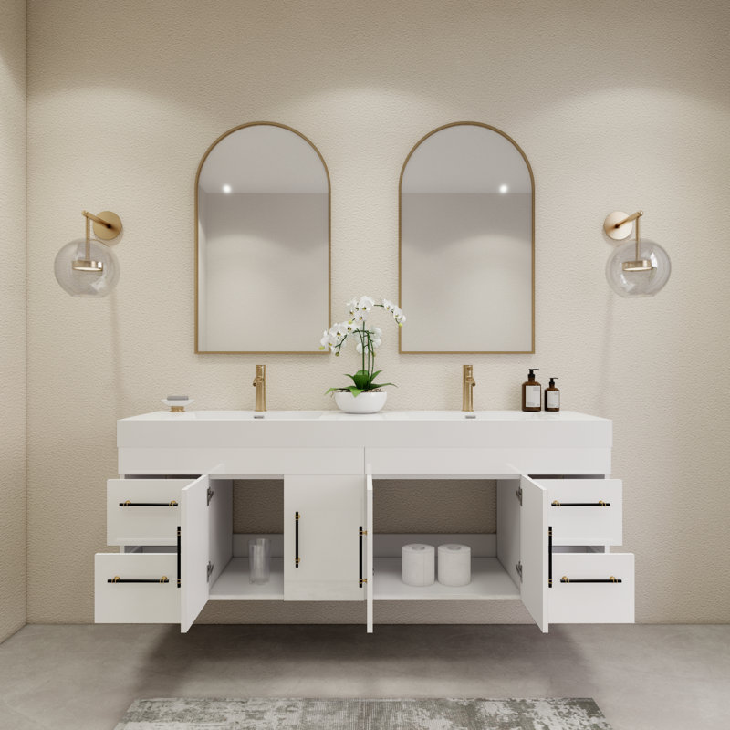 70.8" Wall-Mounted Double Bathroom Vanity Set, Glossy White